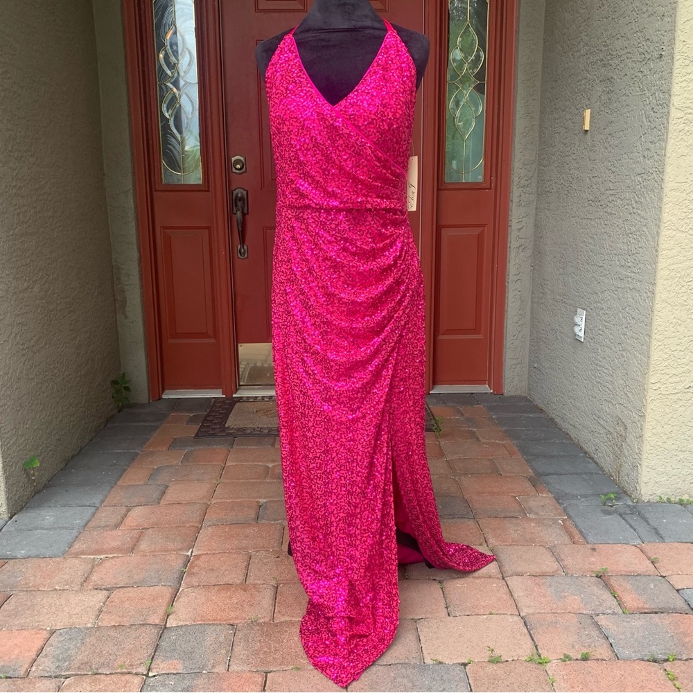Eliza J Dark Pink Sequin Faux Wrap Criss-Cross Strap Evening Gown